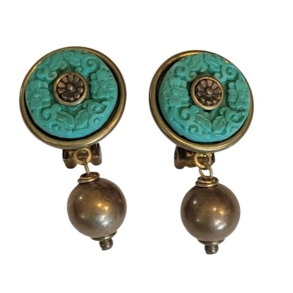 VTG Jan Michaels San Francisco Teal Molded Design earrings brass dangle Clip On